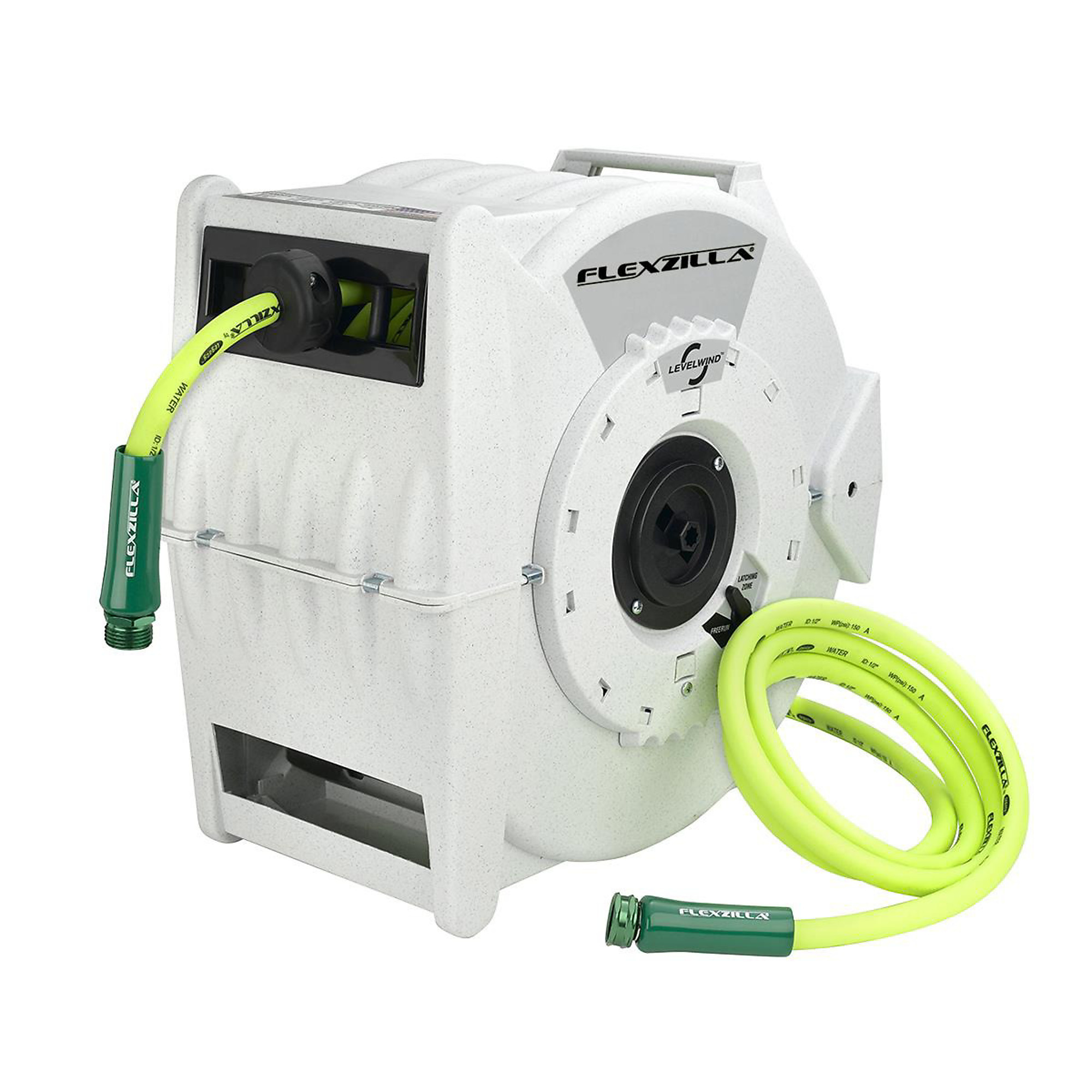 Legacy L8340FZ Levelwind Retractable Hose Reel Latching Mode Switch Free Run Auto Rewind Seven Position Locking Bracket Adjustable Hose Stopper Includes Hose And 10 Ft Lead In Assembled In USA